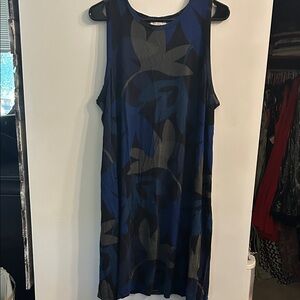 LOFT Blue and Black Floral Midi shift Dress